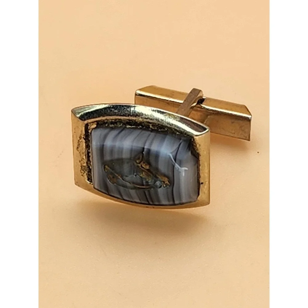 74 Yr Old 10k Gold Plate Tie Clip/Bar & Cufflinks Set Horse Equestrian Art Glass